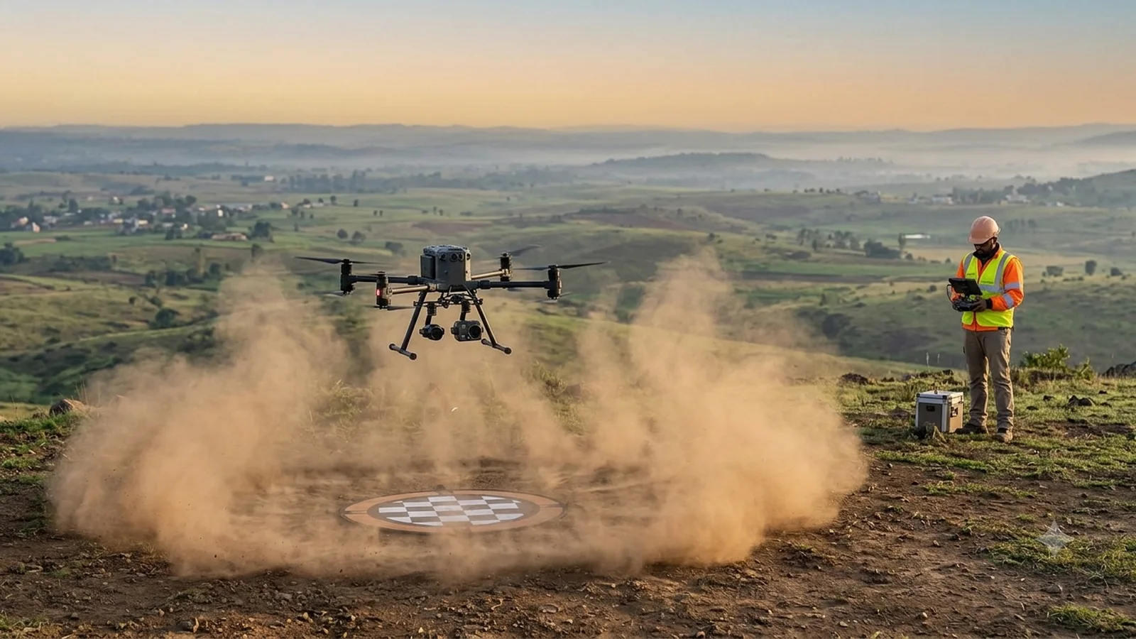 A survey quadcopter lifting off from a portable landing mat on a hilltop, dust in the launch wash, wide valley behind