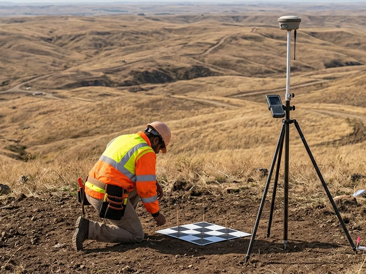 A surveyor placing a checkerboard ground-control target beside a GNSS rover on open rolling terrain